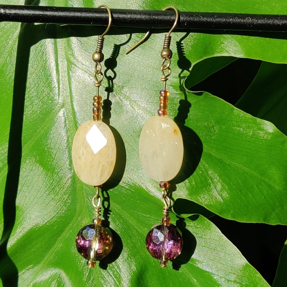 Faceted Yellow Jade & Gorgeous Sparkly Glass Bead Handcrafted Earrings